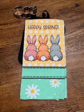 NWT Happy Spring Bunny Linen Set Hand Towel, Cookie Cutter Oven Mitt